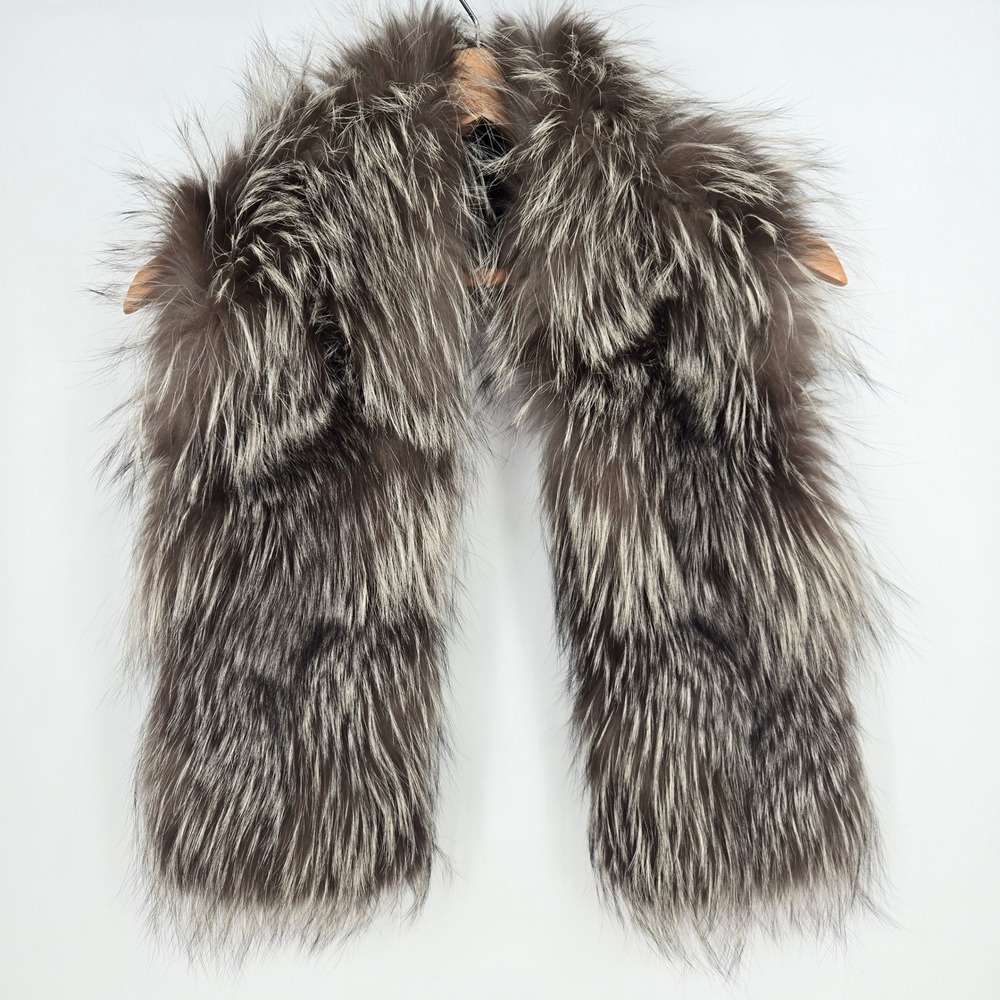 Vintage 43" Real Silver Fox Fur Scarf Wrap Brown Long Stole Collar Glam Winter